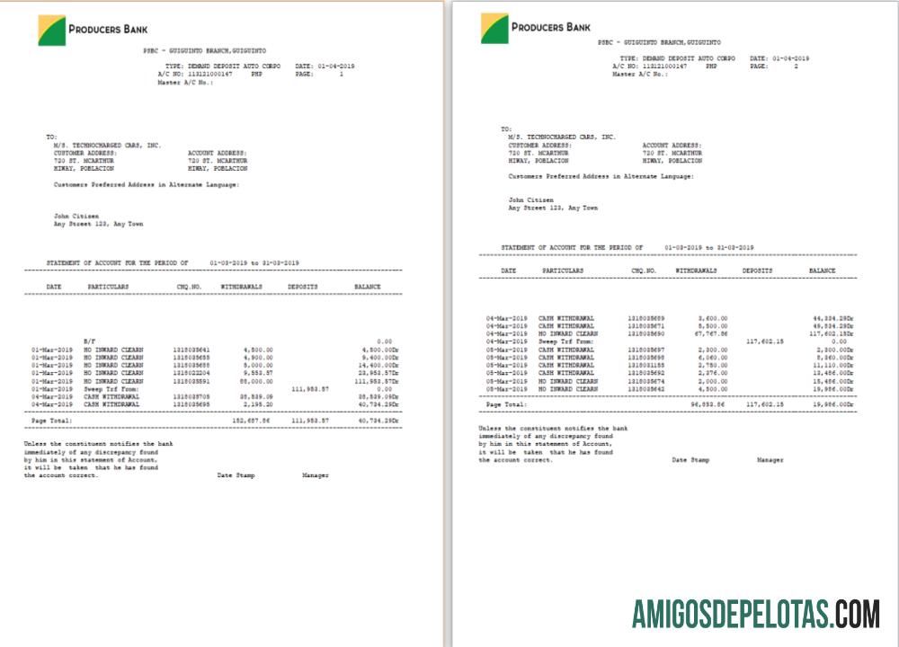 Extrato bancário de produtores das Filipinas para impressão, modelo Word e PDF, 2 páginas